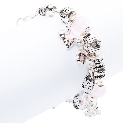 Pink Ribbon Jewelry Crystal Rhinestone Dainty Charms Link Bracelet B480 Silver - Accessoriesforever