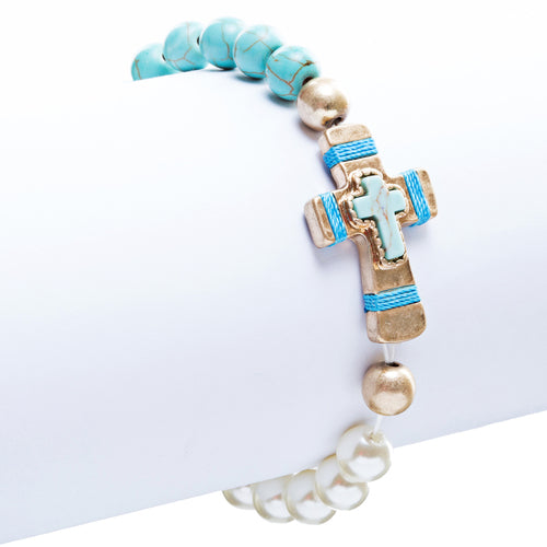 Cross Jewelry Fascinating Stone Cross Stretch Link Bracelet B493 Turquoise