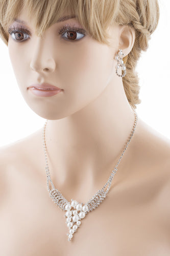 Bridal Wedding Jewelry Set Crystal Rhinestone Pearl Exquisite Design Silver