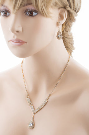 Bridal Wedding Jewelry Set Crystal Rhinestone V Teardrop Necklace Gold - Accessoriesforever
