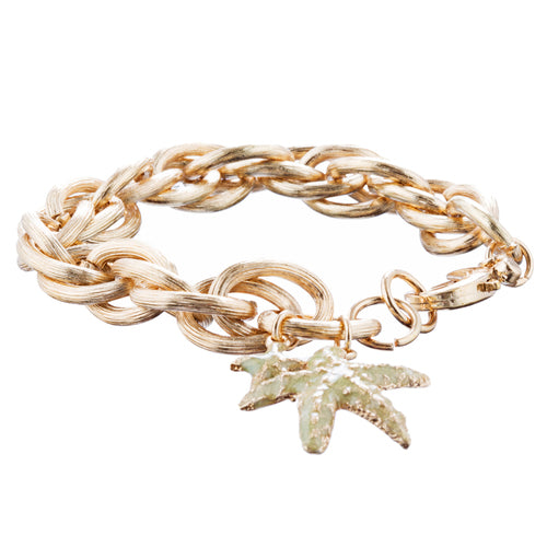 Ocean Starfish Dangling Charm Crystal Link Fashion Bracelet B517 Gold Green - Accessoriesforever