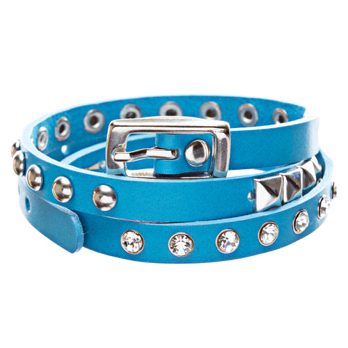 Blue 3-Effect Stud Italian Calf Leather Wrap Bracelet