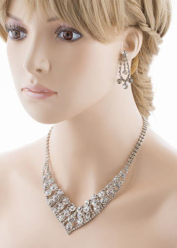 Bridal Wedding Jewelry Set Crystal Rhinestone Bubbly V Drop Necklace