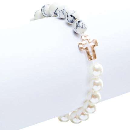 Cross Jewelry Appealing Stone Cross Stretch Link Bracelet B493 Ivory - Accessoriesforever