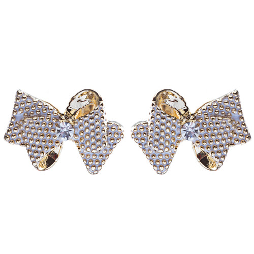 Classic Ribbon Bow Tie Design Crystal Rhinestone Pave Earrings E505 Gold White