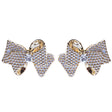 Classic Ribbon Bow Tie Design Crystal Rhinestone Pave Earrings E505 Gold White