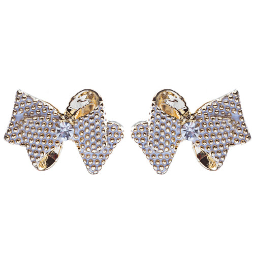 Classic Ribbon Bow Tie Design Crystal Rhinestone Pave Earrings E505 Gold White