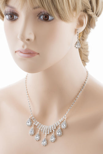 Bridal Wedding Jewelry Set Crystal Rhinestone Dangle Teardrop Necklace Silver - Accessoriesforever