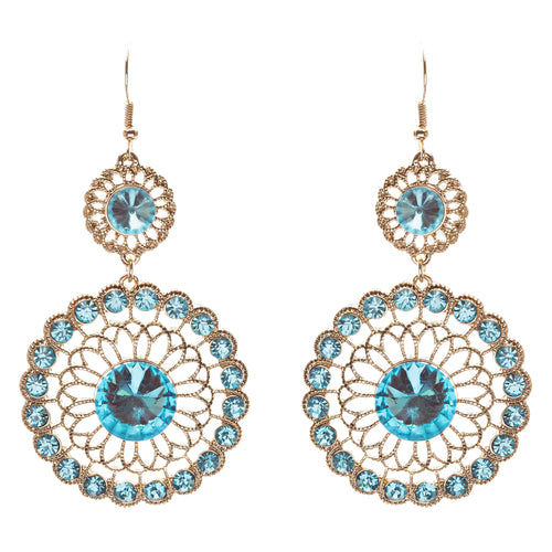 Vintage Crystal Circle Drop Rope Edge Earrings Blue - Accessoriesforever
