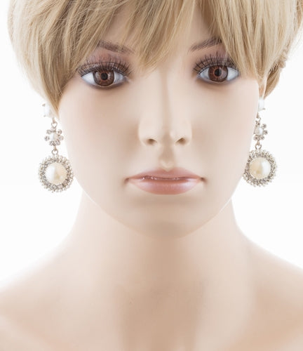 Bridal Wedding Jewelry Crystal Rhinestone Pearl Circle Dangle Earrings Ivory