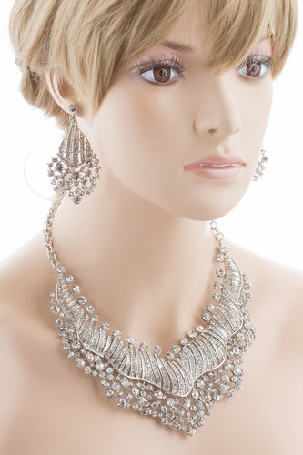 Bridal Wedding Jewelry Set Crystal Rhinestones Sparkle Wavy Bib Necklace Silver