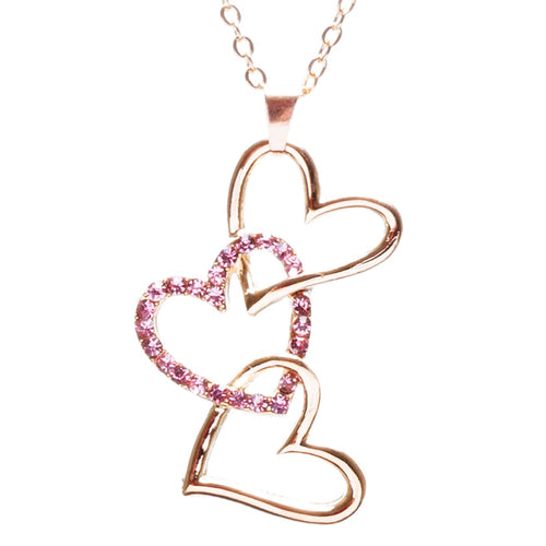 Valentines Jewelry Crystal Rhinestone Triple-Hearts Pendant Necklace N89 Pink