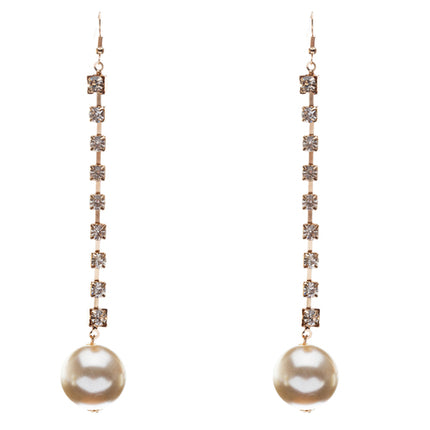 Bridal Wedding Jewelry Crystal Rhinestone Pearl Linear Drop Long Earrings Silver