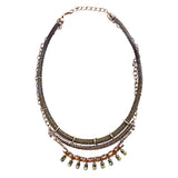 Statement Multi Layered Hammered Fabric Stone Antique Gold Necklace Set Green