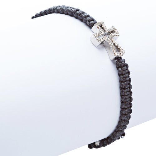 Braided Knot Pave Crystal Cross Charm Adjustable Fashion Bracelet Silver Black