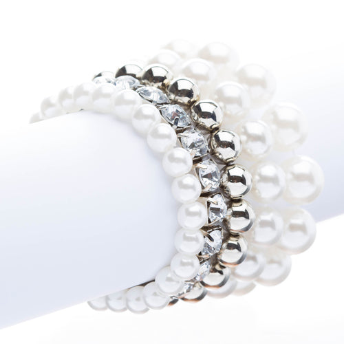 Bridal Wedding Jewelry Crystal Rhinestone Pearl Multi Strands Set Silver Ivory