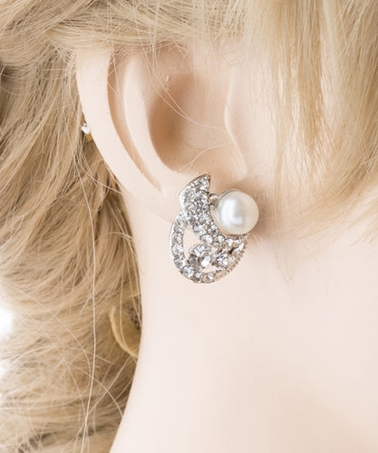 Bridal Wedding Jewelry Crystal Rhinestone Pearl Simple Stud Earrings Silver - Accessoriesforever