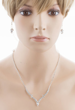 Bridal Wedding Jewelry Set Crystal Rhinestone Simple Curved V Drop Necklace CL - Accessoriesforever