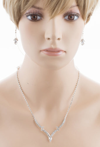 Bridal Wedding Jewelry Set Crystal Rhinestone Simple Curved V Drop Necklace CL