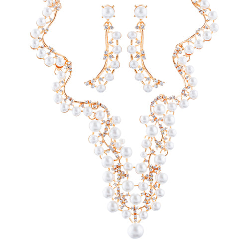 Bridal Wedding Jewelry Set Crystal Pearl Chunky V Drop Swirl Necklace Gold - Accessoriesforever