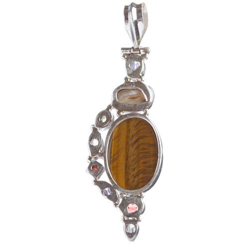 925 Sterling Silver Natural Gemstones Tigers Eye Pearl Pendant FJSVP2083