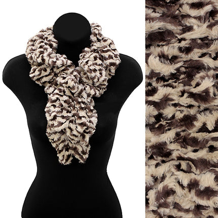 Zebra Pattern Animal Print Soft Faux Fur Ruffle Pull Through Scarf Brown