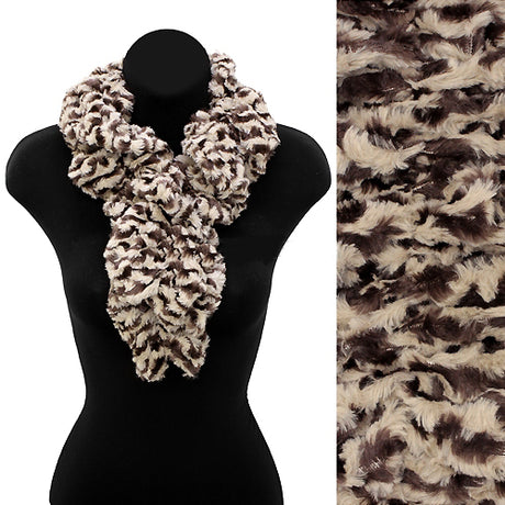 Zebra Pattern Animal Print Soft Faux Fur Ruffle Pull Through Scarf Brown