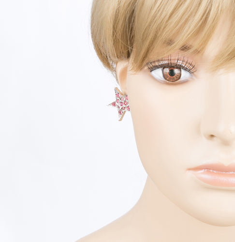 Twinkle Sparkle Crystal Double Star Stud Fashion Earrings Silver Tone Pink