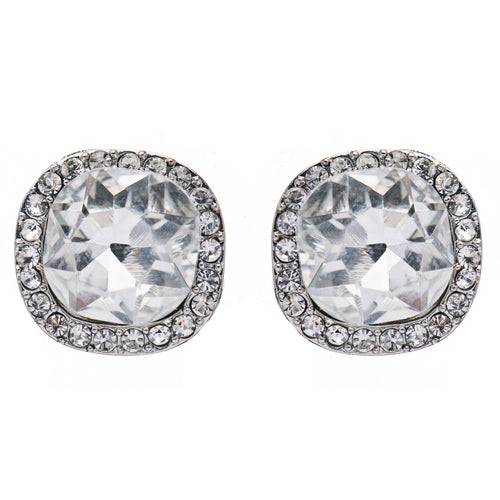 Bridal Wedding Jewelry Crystal Rhinestone Rounded Square Stud Earrings Silver