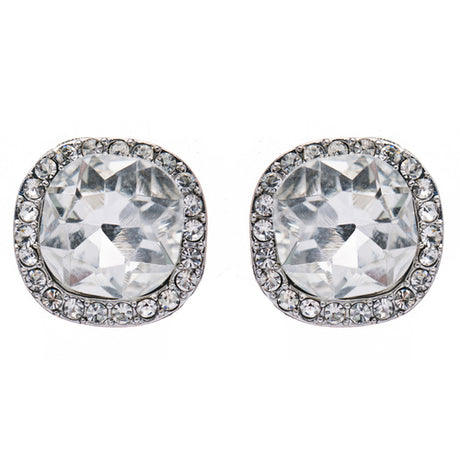 Bridal Wedding Jewelry Crystal Rhinestone Rounded Square Stud Earrings Silver