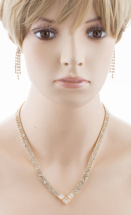 Bridal Wedding Jewelry Crystal Rhinestone Simple Sparkle Design Necklace Gold - Accessoriesforever