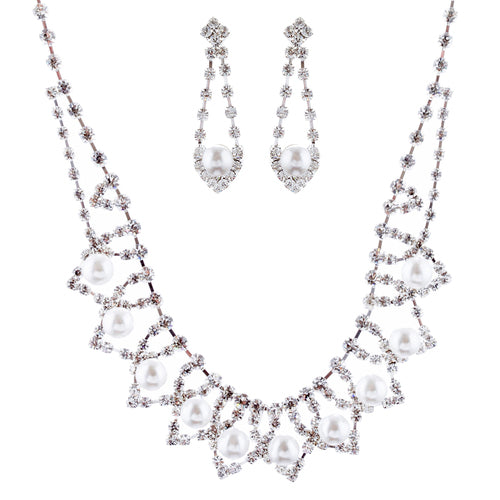 Bridal Wedding Jewelry Crystal Rhinestone PearlStylish Drop Necklace Set J675 SV - Accessoriesforever