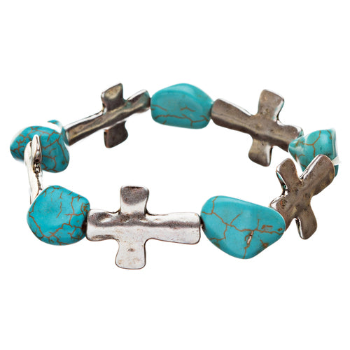 Cross Jewelry Turquoise Stone Charm Link Stretch Bracelet Antique Silver Blue