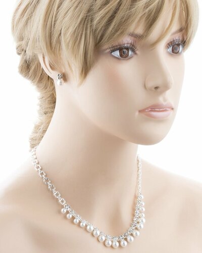 Bridal Wedding Jewelry Rhinestone Pearl Dangles Floral Necklace Set J666 Silver