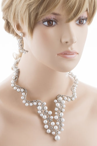 Bridal Wedding Jewelry Set Crystal Pearl Chunky V Drop Swirl Necklace Silver