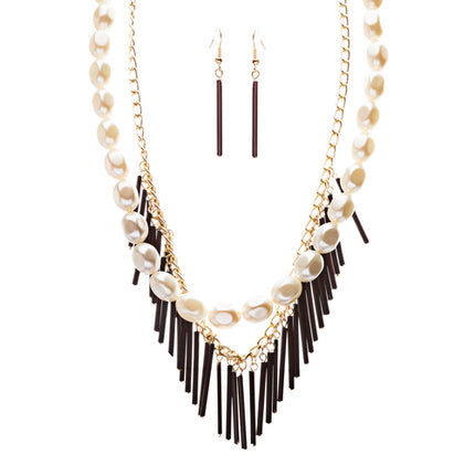 Elegance Fashion Faux Pearl Multi Layered Chain Necklace And Earrings JN262Black
