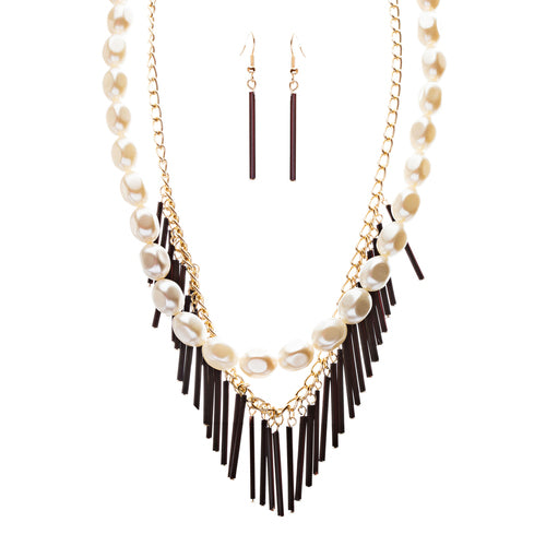 Elegance Fashion Faux Pearl Multi Layered Chain Necklace And Earrings JN262Black