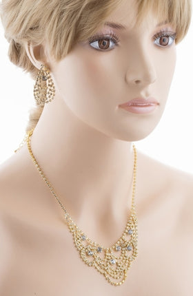 Bridal Wedding Jewelry Set Necklace Earring Crystal Rhinestone Bib Drape Gold