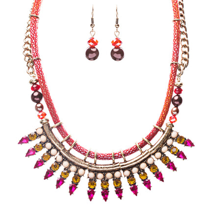 Statement Bib Style Curb Chain Bead Pearl Fabric Antique Gold Necklace Set Red