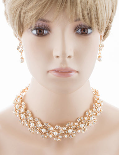Bridal Wedding Jewelry Set Necklace Rhinestone Pearl Leaf Gold Ivory Cream