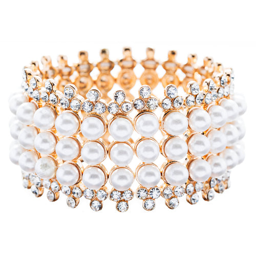Bridal Wedding Jewelry Stunning 3 Rows Pearl Crystal Stretch Fashion Bracelet Go