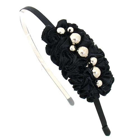 Silver Balls on Pleated Satin Ribbon Black Headband