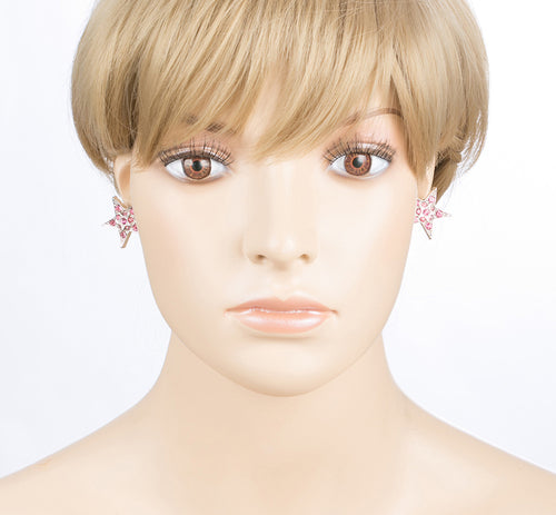 Twinkle Sparkle Crystal Double Star Stud Fashion Earrings Silver Tone Pink