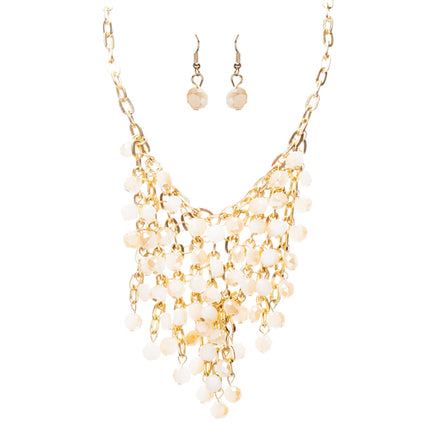 Beautiful Multi Layered Bib Design Bead Stone Statement Necklace Set Beige