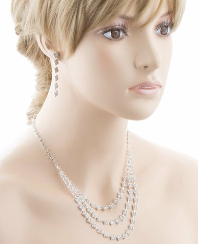 Bridal Wedding Jewelry Crystal Rhinestone Layered Links Necklace Set J664 Silver - Accessoriesforever