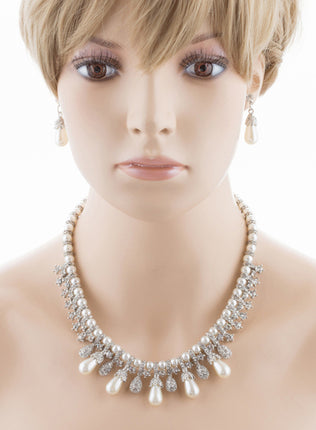 Bridal Wedding Jewelry Set Necklace Crystal TD Pearl Bib Choker Design Silver - Accessoriesforever
