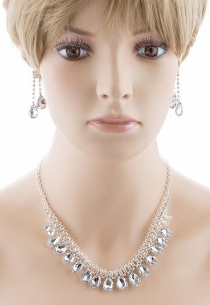 Bridal Wedding Jewelry Set Crystal Rhinestone Teardrop Dangles Necklace Silver - Accessoriesforever