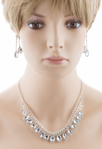 Bridal Wedding Jewelry Set Crystal Rhinestone Teardrop Dangles Necklace Silver