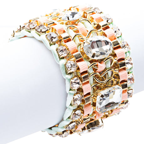 Beautiful Stone Fabric Crystal Rhinestone Latch Fashion Wide Bracelet B456 Pink