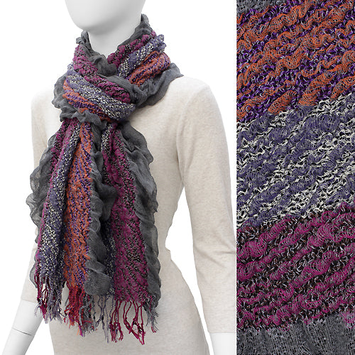 Multi Tone Stripe Puckered Woven Fashion Muffler Cold Weather Scarf Gray